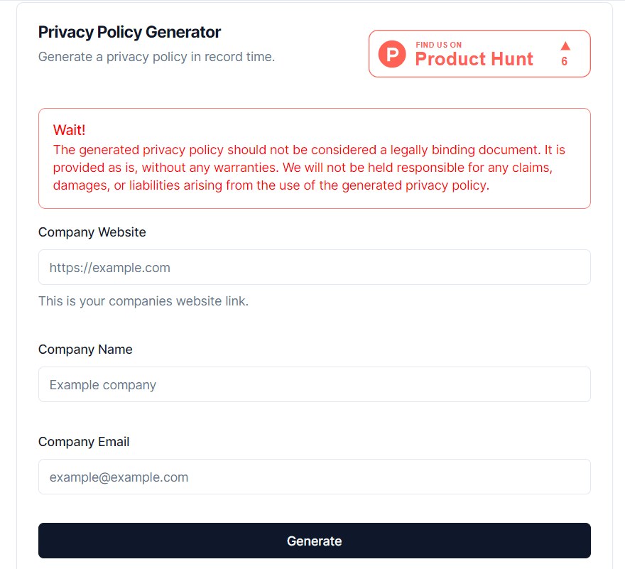 policy gen privacy policy generator form ui.